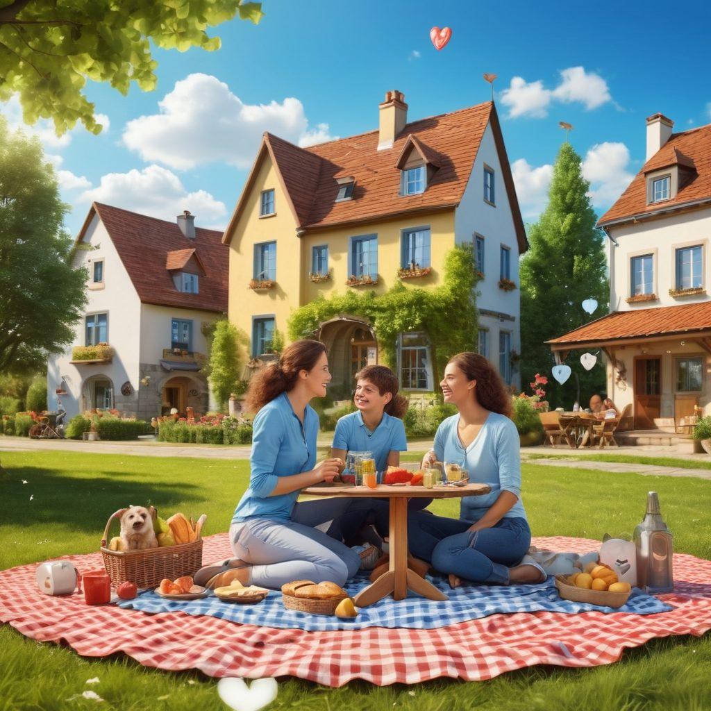 A cheerful family enjoying a picnic under a bright blue sky, surrounded by symbols of insurance like shields and hearts subtly blended into the scenery. In the background, a picturesque town with happy residents. The scene exudes warmth and security, showcasing the peace of mind provided by insurance. vibrant colors. 3D.