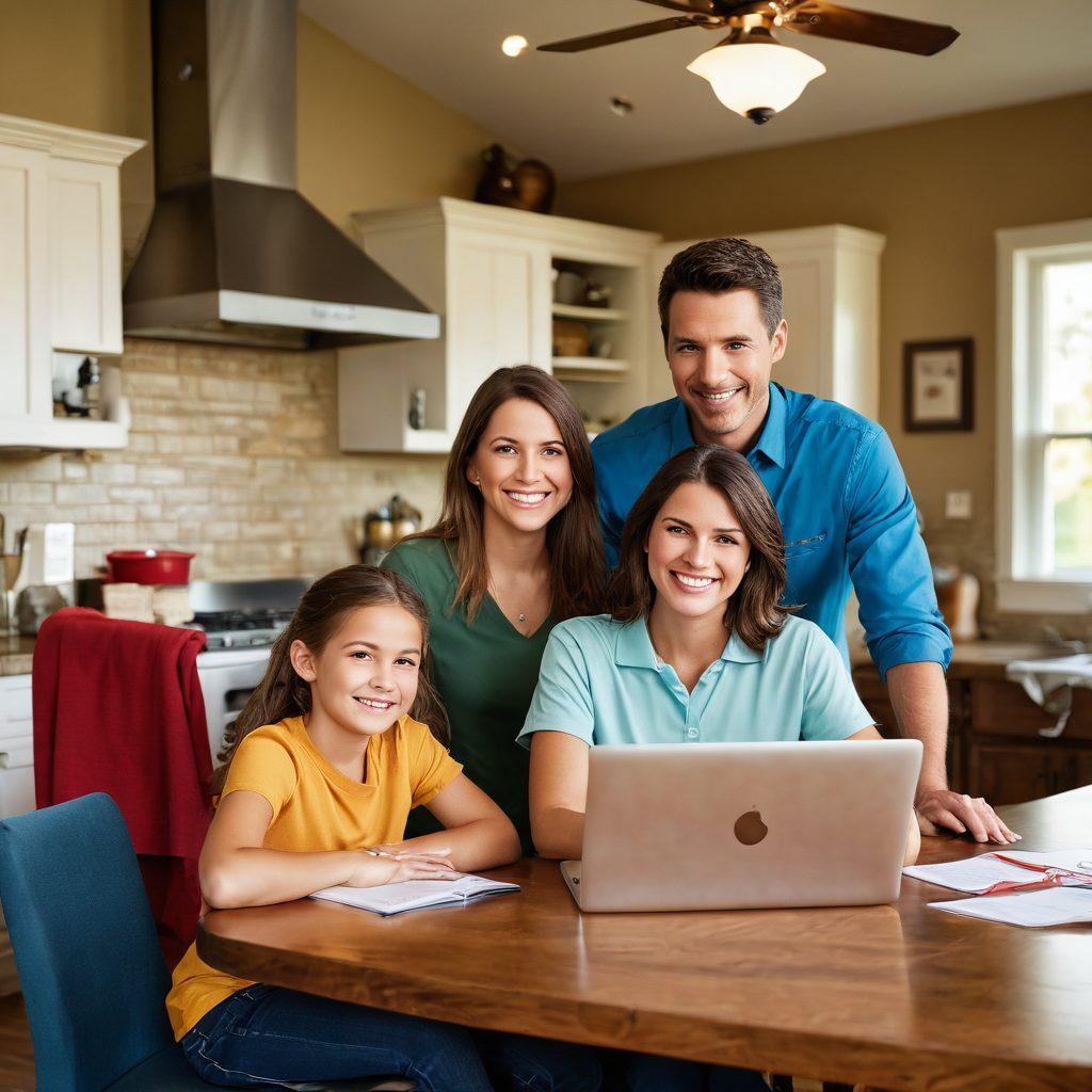 A happy family sitting at a kitchen table discussing insurance options, with a laptop open displaying Lonestar's website. Warm lighting accentuates their smiles, conveying trust and reliability. Include visual elements of financial documents scattered around, emphasizing affordable options. Background features a cozy home environment. super-realistic. vibrant colors. warm tones.