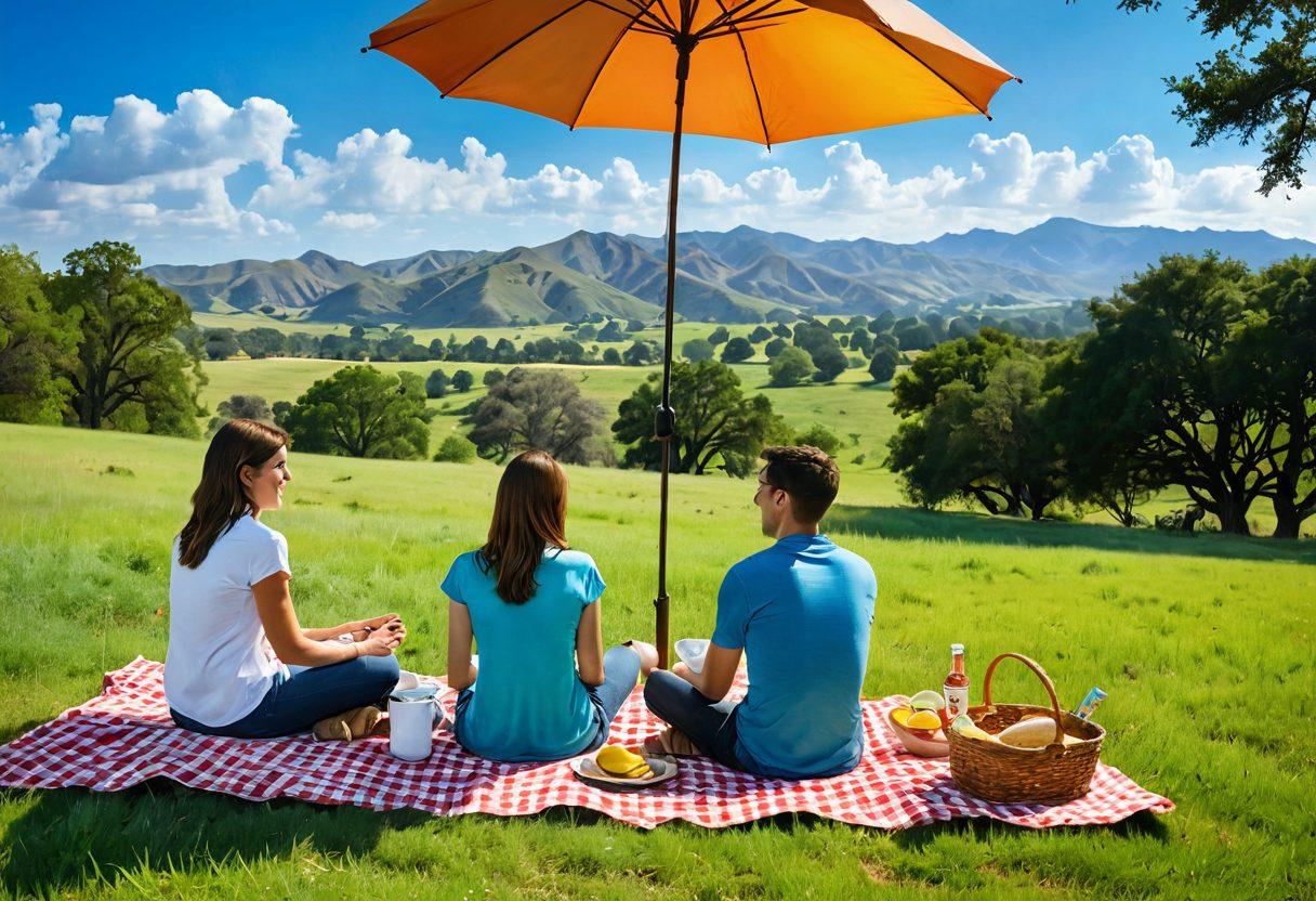 A serene Texas landscape featuring a happy family enjoying a picnic, with a backdrop of rolling hills and a bright blue sky. Illustrate symbols of insurance security, like a shield or umbrella, subtly integrated into the scene, symbolizing peace of mind. Include diverse customers expressing satisfaction with their insurance services, creating a sense of community and trust. Use warm, inviting colors to evoke a feeling of safety and happiness. super-realistic. vibrant colors. 3D.